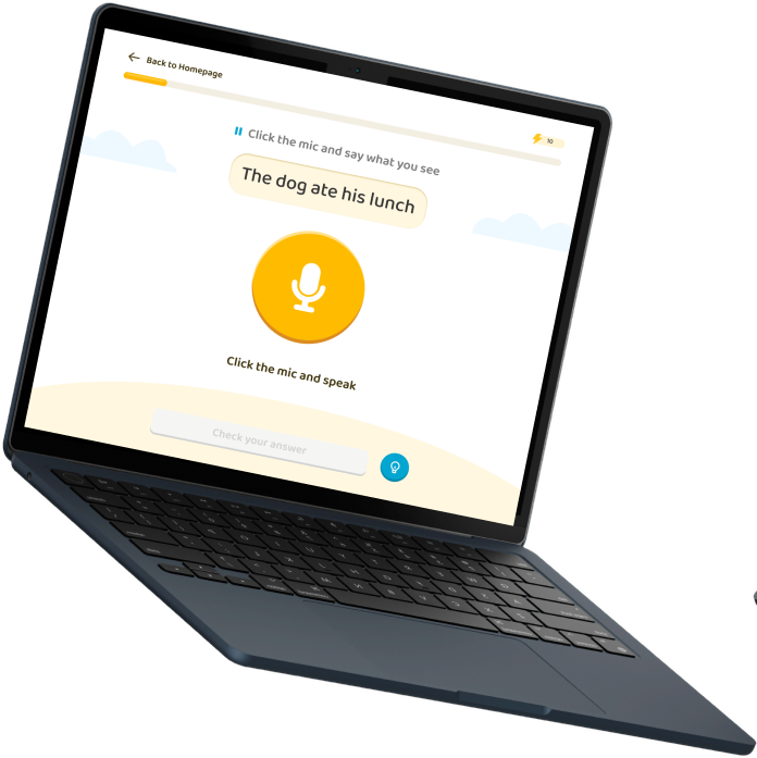Activate lesson on a laptop: 'Click the mic and say what you see — The dog ate his lunch'