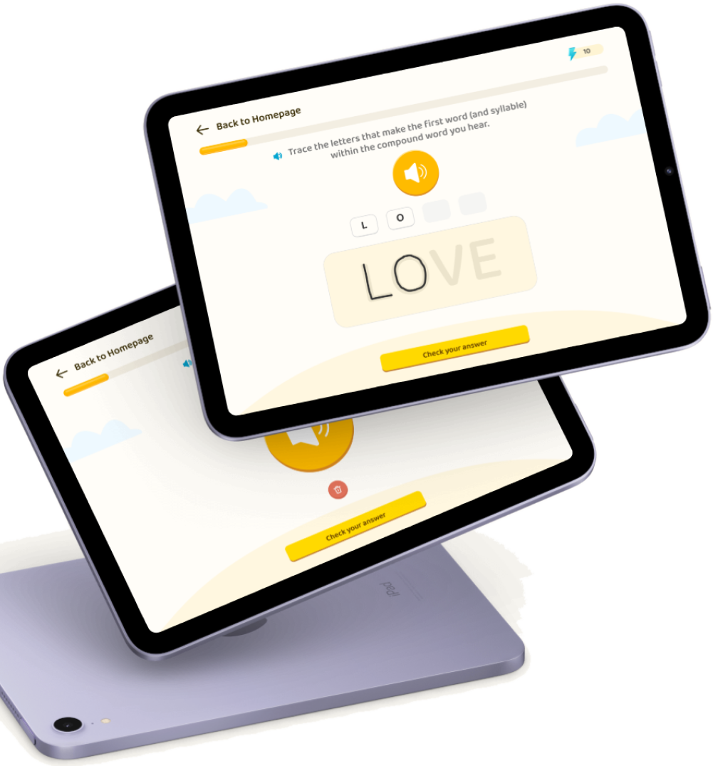 Two tablets showing Activate tracing and listening exercises
